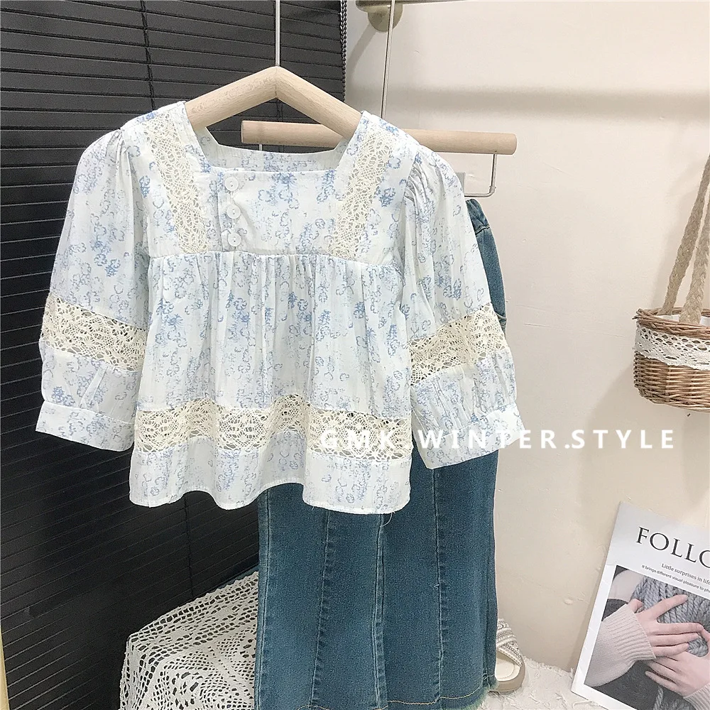 Korean Spring Autumn Baby Girls 2PCS Clothes Set Cotton Lace Floral Printed Blouses Suits Loose Elastic Waist Denim Pant Outfits