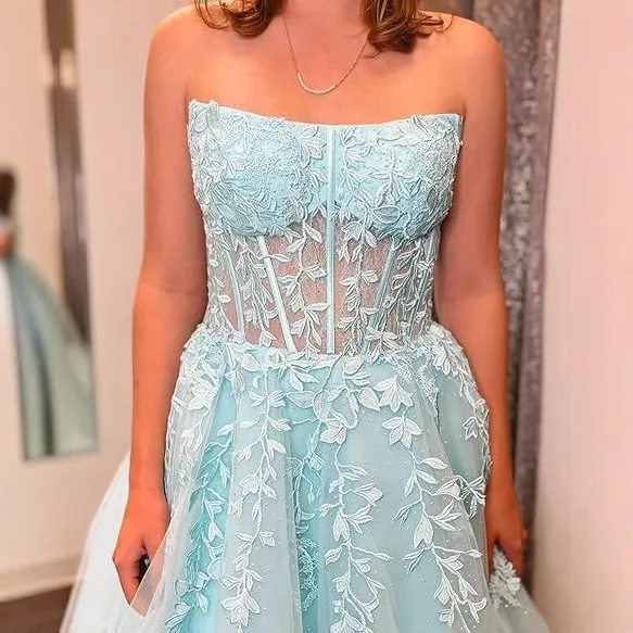 فستان حفلات على شكل حرف A مزين بالزهور من الدانتيل فستان سهرة منتفخ للأميرة للنساء برقبة سكوب فيستدو دي نوفيا مخصص