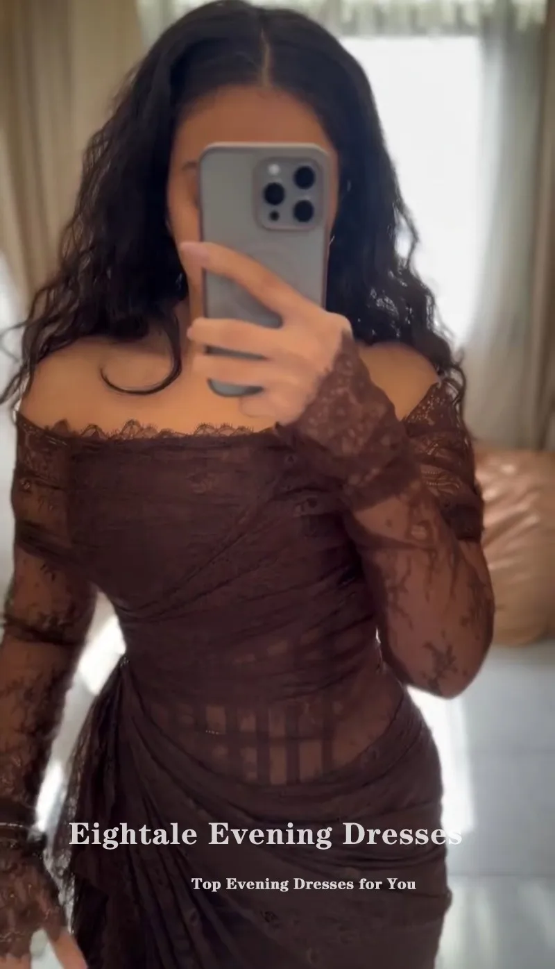 فستان سهرة من الدانتيل Eightale بدون حمالات مخصص حورية البحر بني بأكمام طويلة عربي للحفلات الراقصة وحفلات الزفاف رداء السهرة