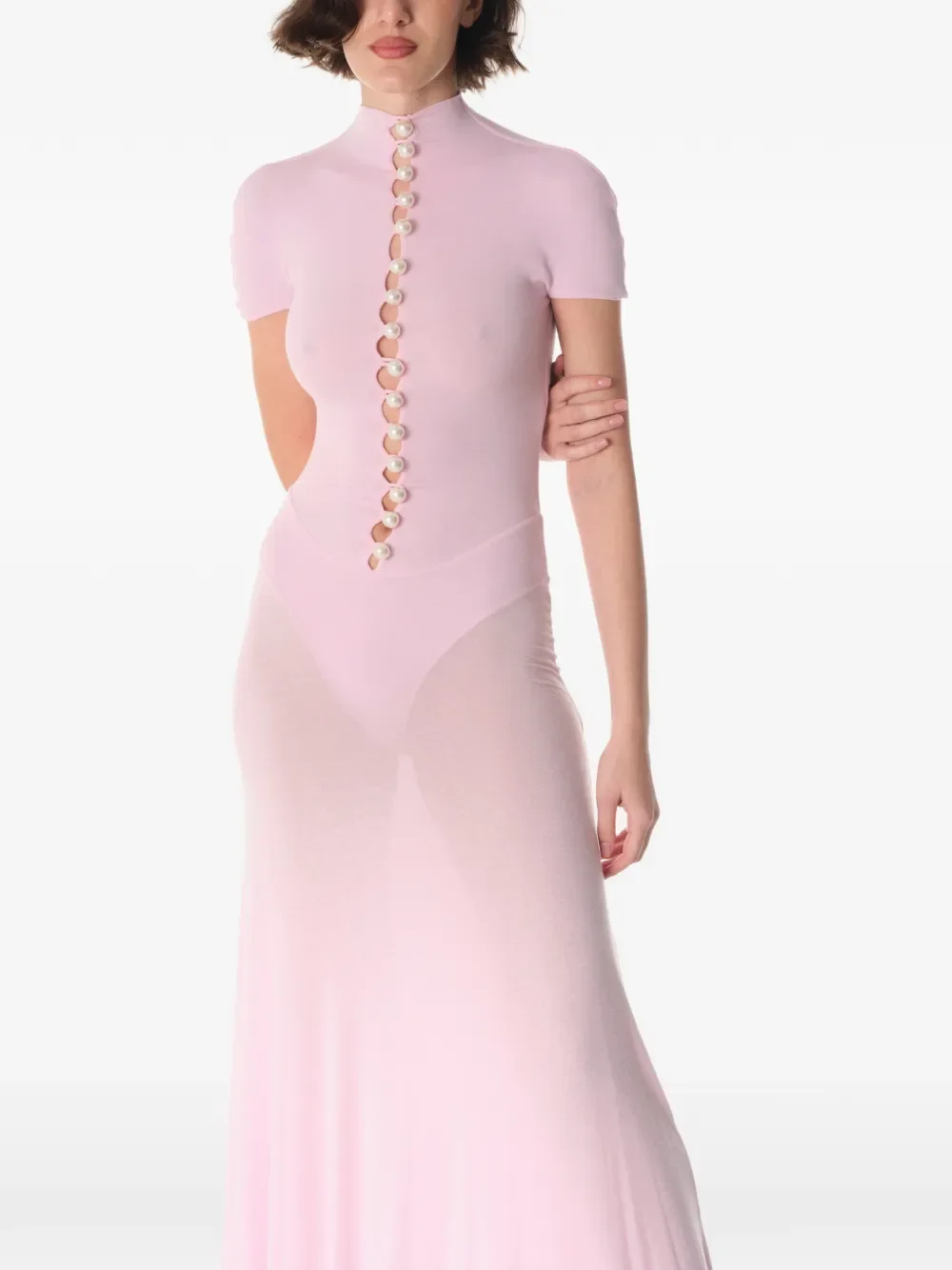 Elegant Pink Party Dresses High Collar Short Sleeve Chiffon A-line Ankle Length Evening Dress with Fashion Pearl Gown Customized image 3