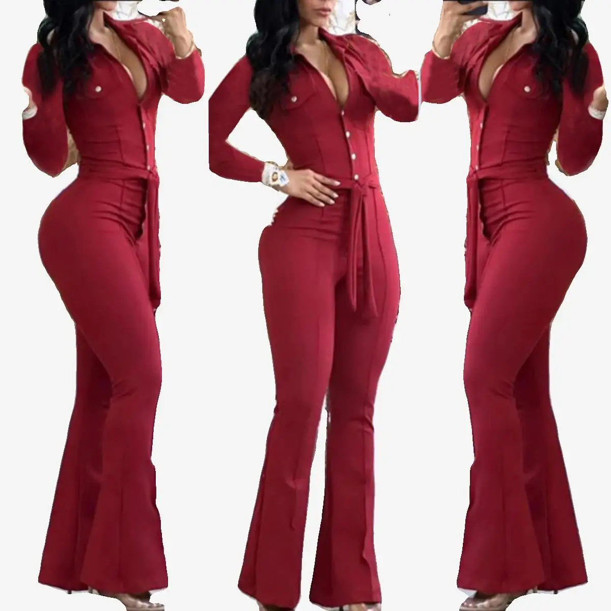 Combinaison à boutons sur le devant, style micro-flare, taille haute, pantalon long, tissu polyester, combinaison/pantalon pour femme, saison d'automne