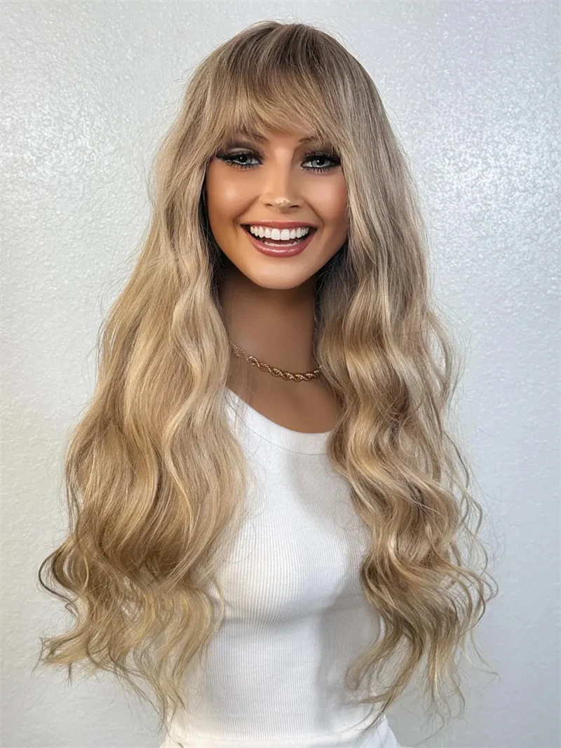 Honey Caramel Blonde Mix Synthetic Wig With Bangs Natural Looking Dark Roots With Preplucked Realistic Hairline Wig High Density