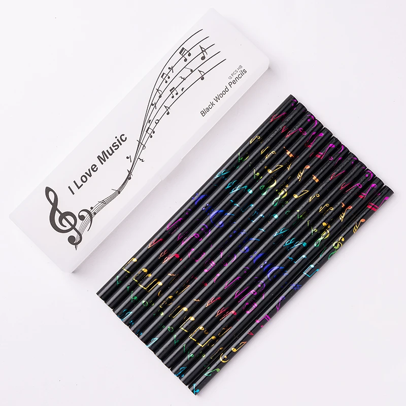 Colorful Note Black Wood Pencil Student I Love Music Stationery Treble Clef Pencil Case With 12 Pencils In Pencil Box Pencil Set