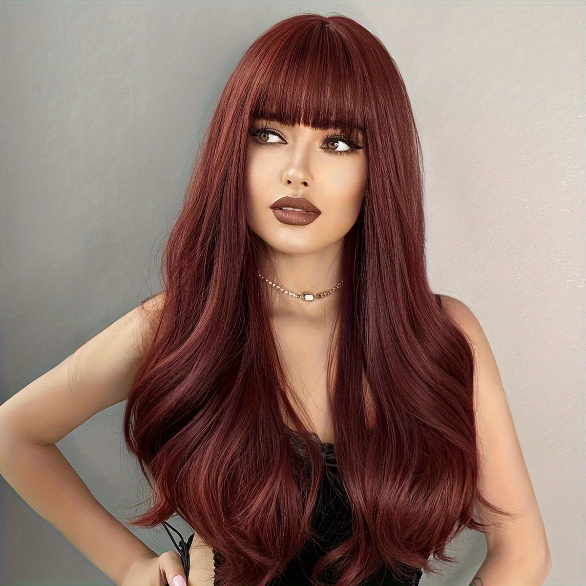 Women's High-Density Synthetic Long Brown Wig with a Voluminous Bang Design, Suitable for Beginners' Copper-Golden Deep Wave Wig