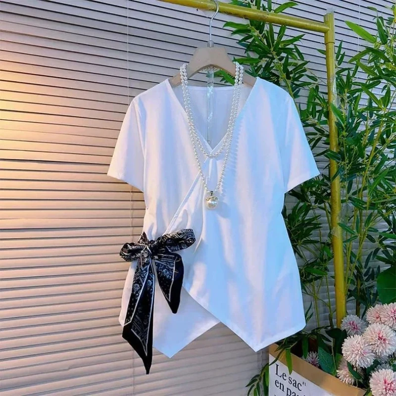 Lazy Style Irregular Slit Hem Short Sleeve Lacing T Shirts Women Clothing Summer V Neck Loose Solid Casual Tops Fashion Trend