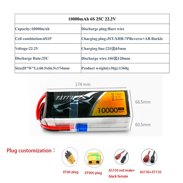 TATTU 6S 25C Lithium Battery 8000/10000/14000/22000/30000mAh High Voltage Plant Protection Lithium Battery UAV Model Battery