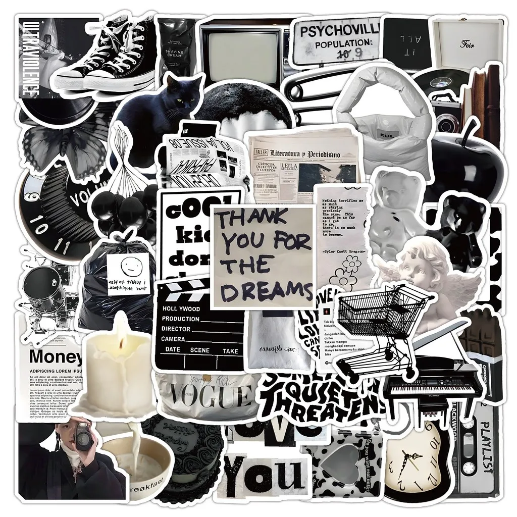 50 Pieces Assorted Black and White Silent Film Stickers Decorative Decals for Room Decor, Journals Golden Memory Stickers Store