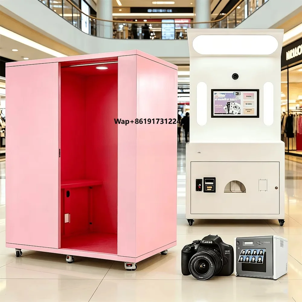 High Resolution DSLR Wooden Photo Booth Machine with Touchscreen Self-Service Print Professional Lighting for Mall Supermarket