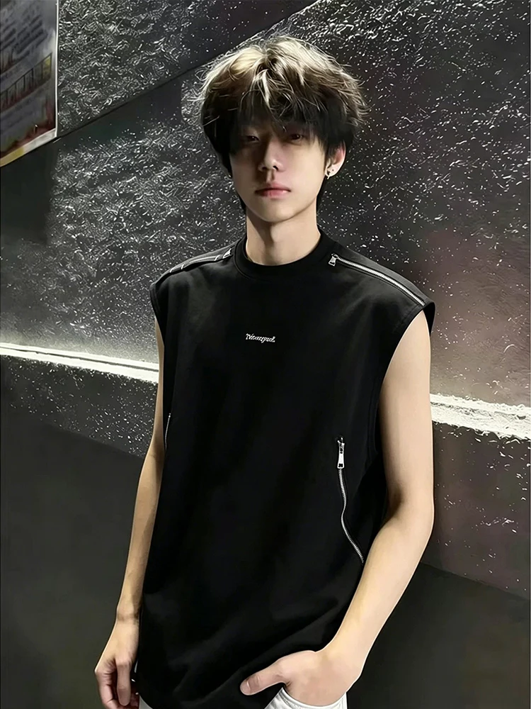 

Black Zipper Design Shoulder Men's Tank Top Summer Trendy Sporty Sleeveless American Style Youthful round Neck Zipper Decoration