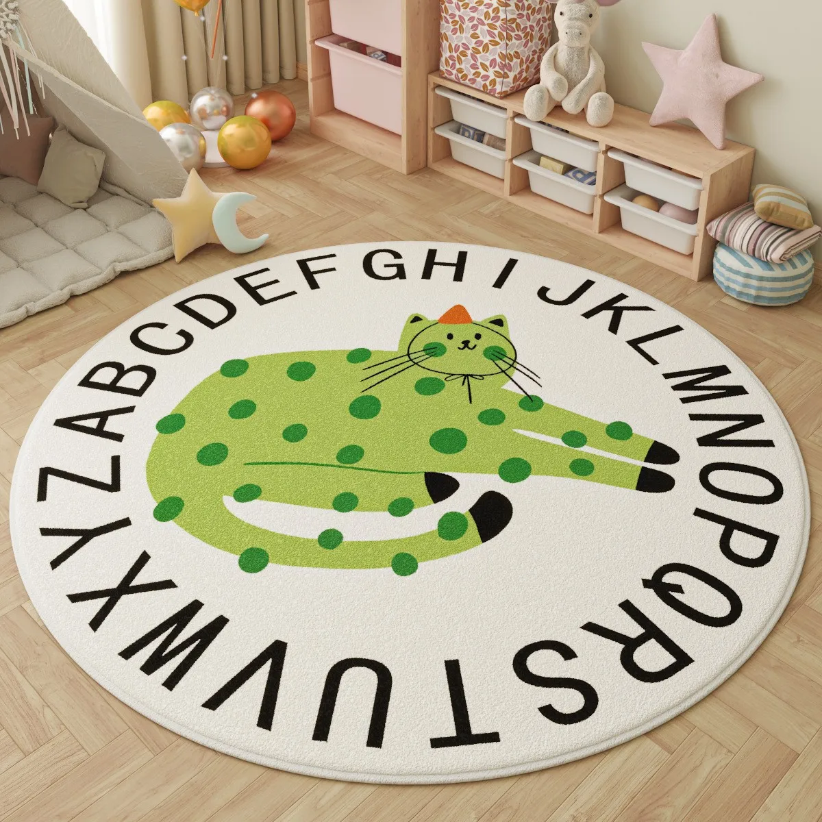 adorable-kids-nursery-round-rugs-happy-place-sunshine-design-sleeping-theme-for-childrens-bedroom-room-decor
