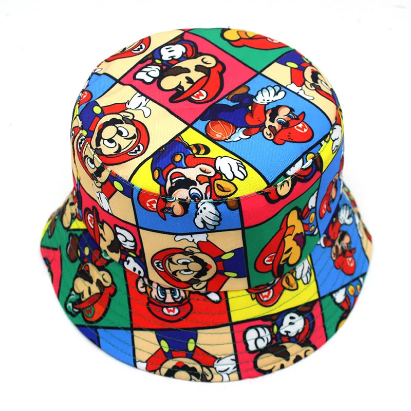 Super Mario Fisherman Hat Children\'s Anime Peripheral Mario Bros Cartoon Fashion Print Double-sided Sunshade Hat Birthday Gift