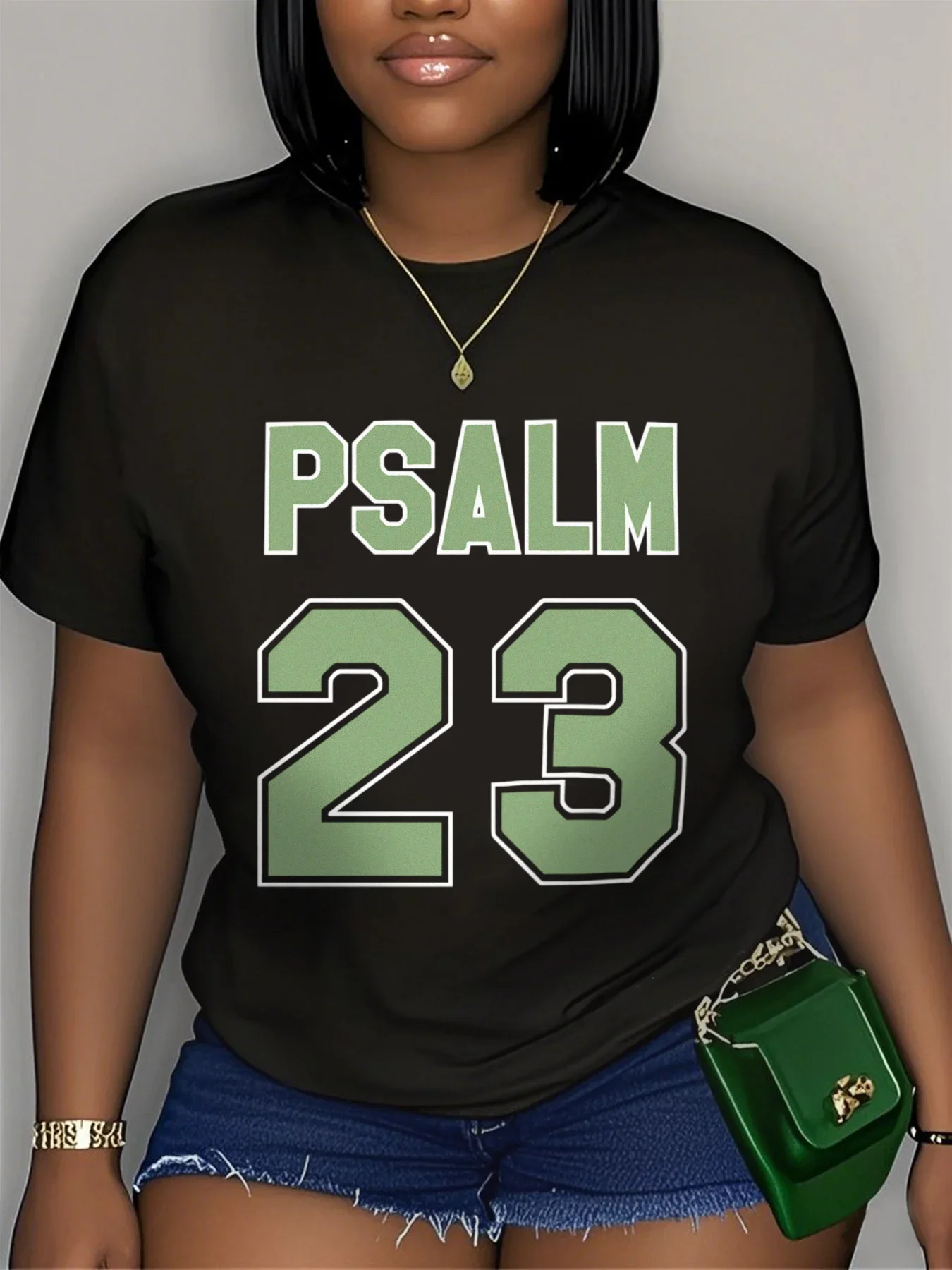 Womens  T-Shirt  Casual Short Sleeve Round Neck Tee with Bold Green Lettering Women Clothes