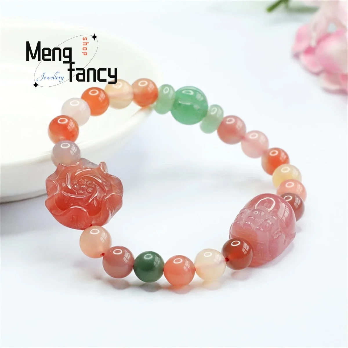 Natural Yanyuan Agate Pixiu Peony Flower Beads Bracelet Simple Generous Personality Fashion Versatile Women Luxury Fine Jewelry