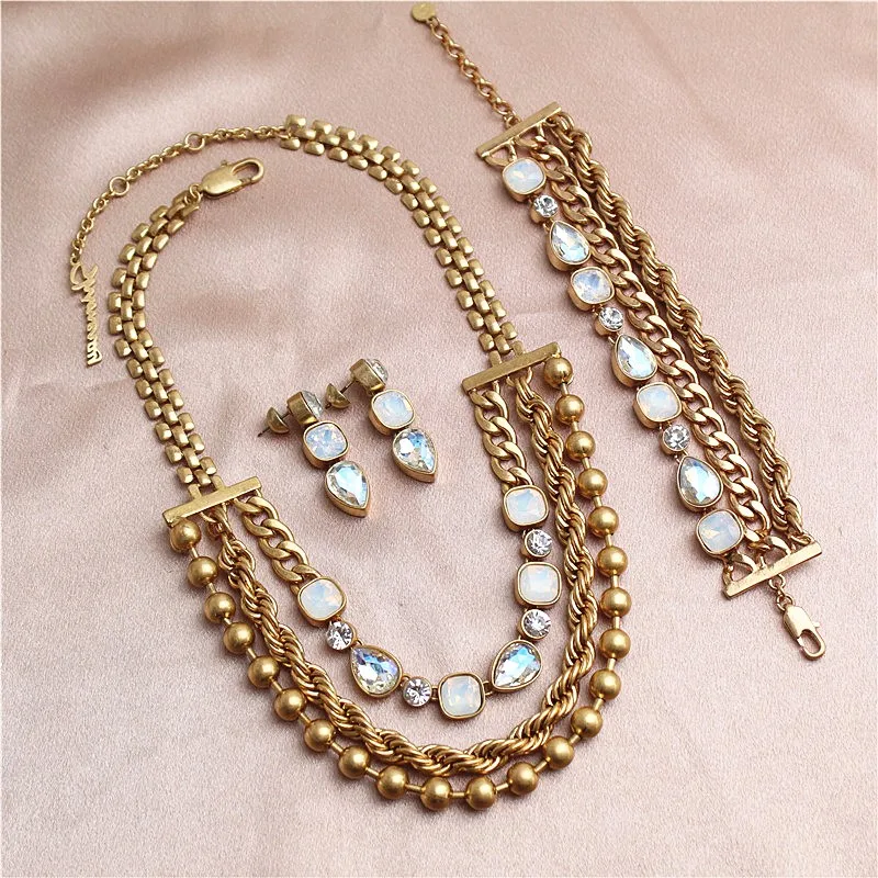 Vintage Gold Color Jewelry Set Multi Layer Choker Necklace Iridescent Rhinestone Drop Earrings Bracelet Jewelry Set 0304