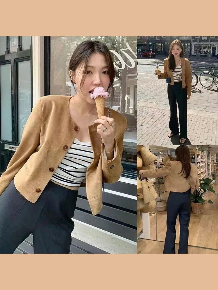 

Nening корейский Tannat Full ow Lin ретро замшевые или Jaet утягивающие повседневные брюки комплект осенний модный женский ансамбль