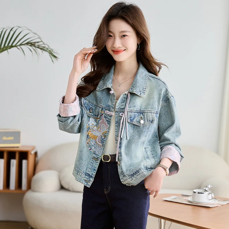 

2024 Men's New Buckle Denim Jacket Women's Autumn Embroidered Short Jacket