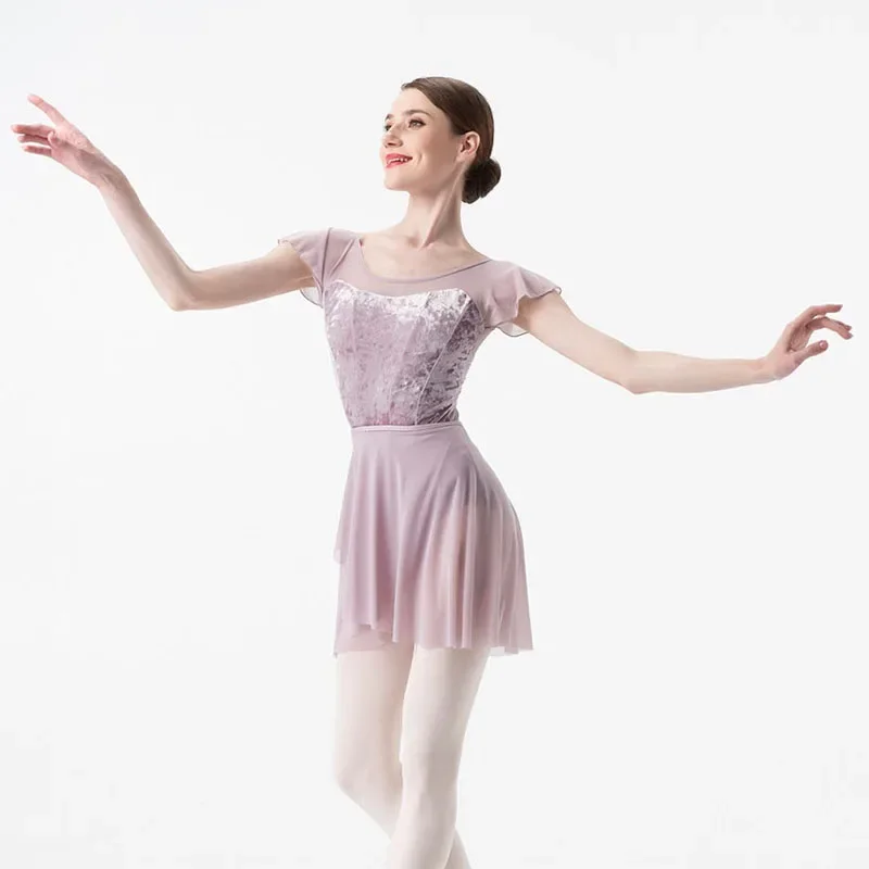 Justaucorps de Ballet pour femmes, combinaison de danse d'entraînement, maille d'épissure en velours, manches volantes, body de gymnastique, Costumes de danse de Ballet pour adultes