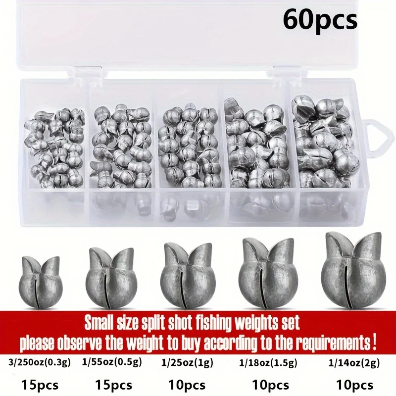 60/120-teiliges Angelgewichte-Set, Premium-Split-Shot-Sinker mit 5 vielseitigen Größen, rundes, abnehmbares Design, perfekt für Süßwasser