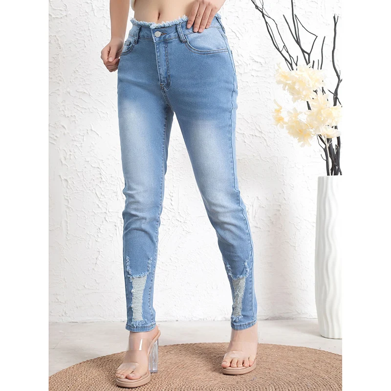 Hot Sale Female Chic Raw Edge Straight Leg Jeans Girls Classic Korean High Waist Denim Pants Lady Fashion Slim Trousers