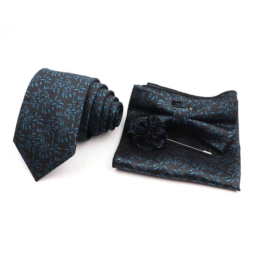 Men's Classic Plant Pattern Tie Set Polyester Pocket Square Handkerchief Butterfly Bowtie For Wedding Daily Wear Shirt Accessory