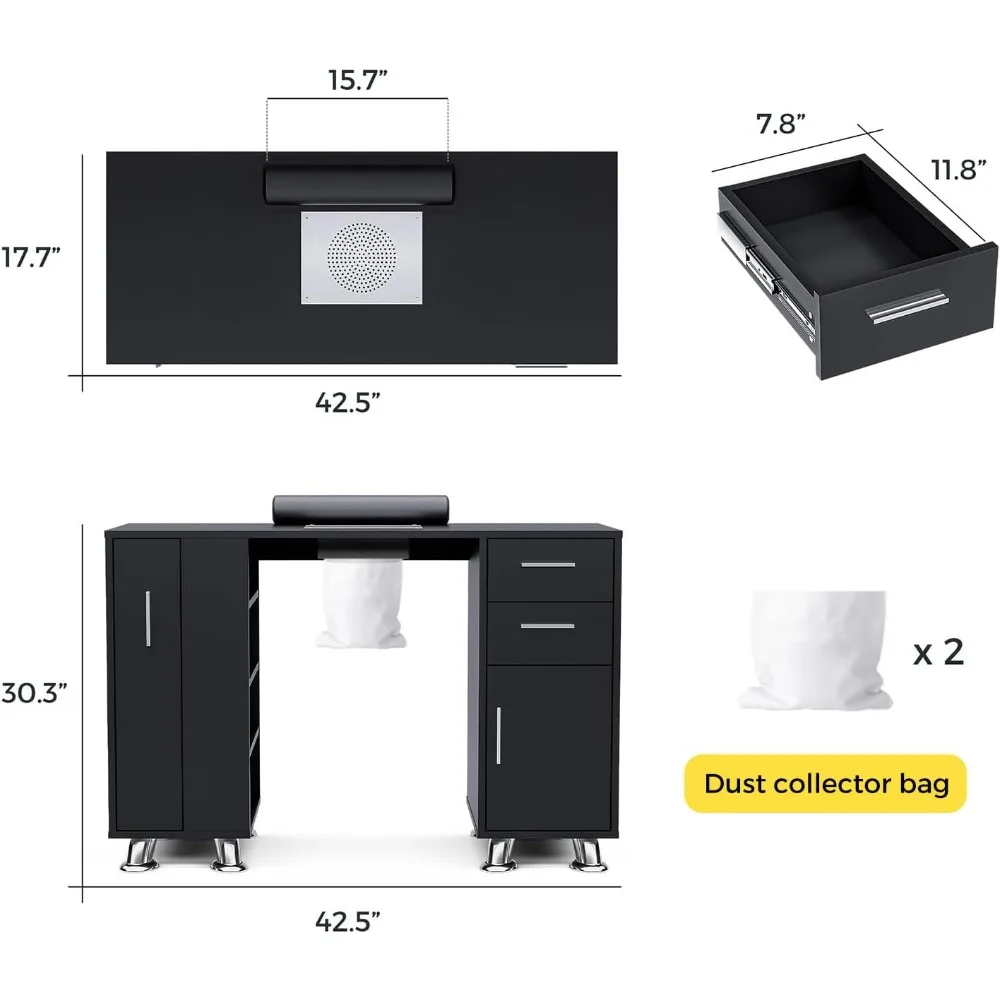 Manicure Table, Nail Tech Desk with Dust Collector, Acetone Resistant Nail Table Station with 2 Dust Bag & Wrist Rest