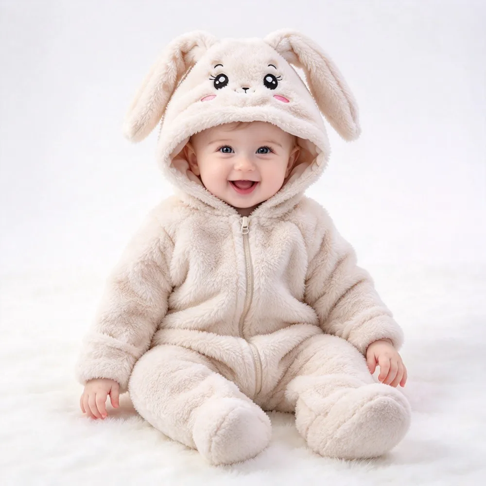 Baby Winter Hooded Jumpsuit 0-12M Bunny Animal Plush Romper, Soft Coral Fleece Infant Onesie, Full Zip Bodysuit Newborn Outfit