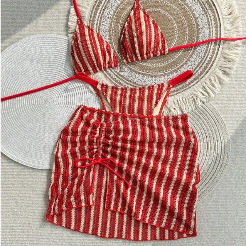 With Skirt Striped Halter Bikini Female Swimsuit Women Swimwear Retro Three-Pieces Bikini Set Brazilian Bather Bathing Suit Swim