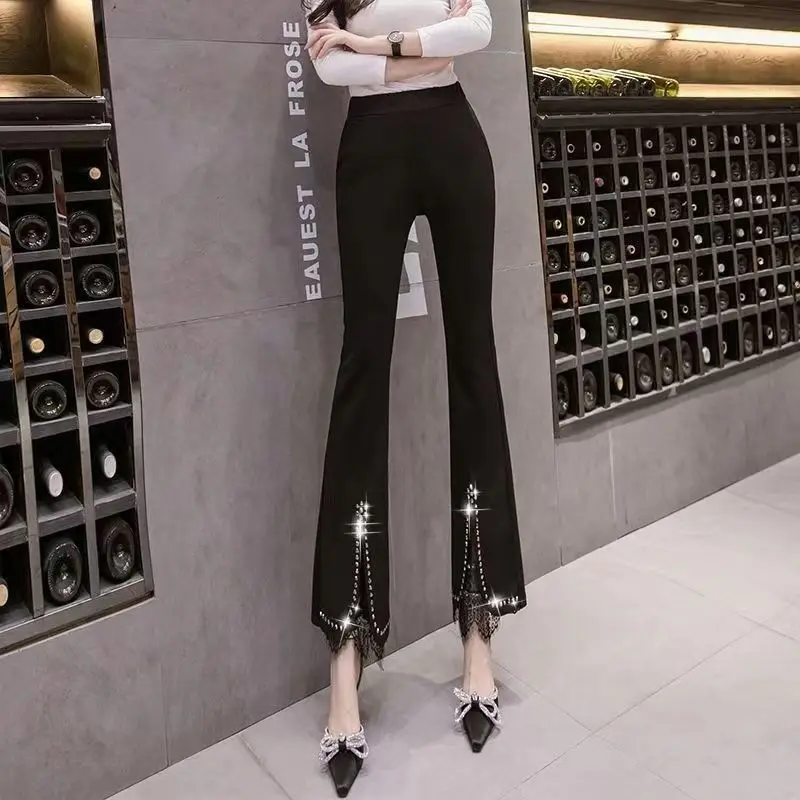 

2024 New Women Autumn Winter Fashion Pockets Flared Pants Female Slim Solid Color Pants Ladies Lace High Waist Trousers Y672