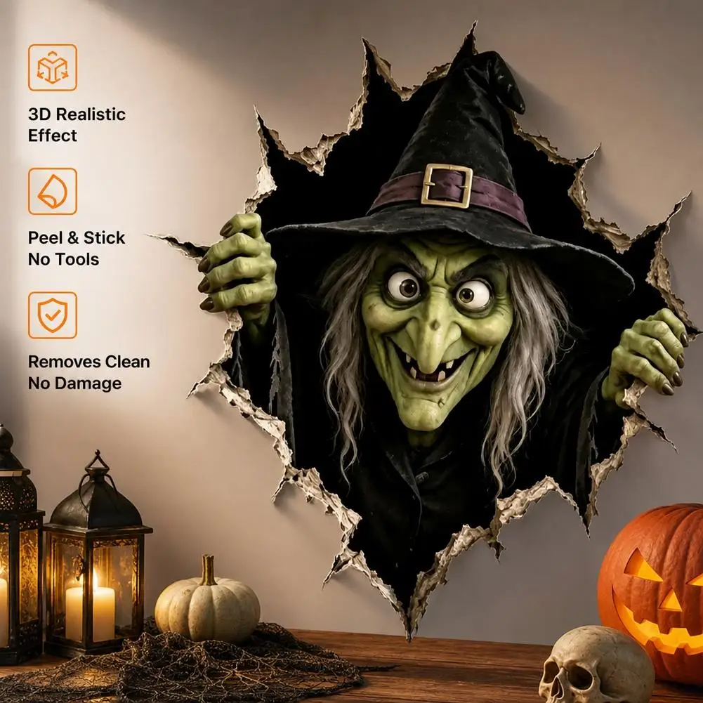 3D Illusion Evil Witch Scary Halloween Wall Stickers, Broken Wall Decal For Spooky Party Decor, Creepy Horror Atmosphere Poster