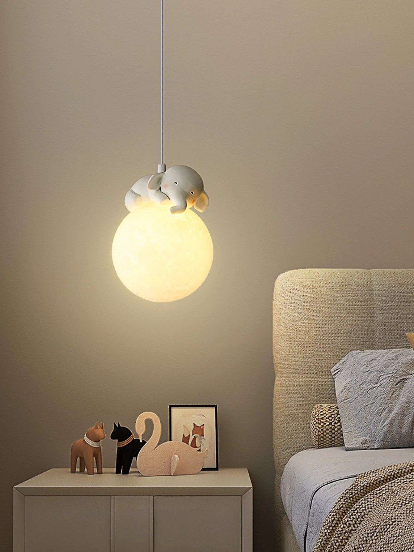 White Rabbit Bear Dog Sheep Elephant Animal Moon LED Chandelier, Kids Bedside Pendant Light for Children Room Dining Room Home D