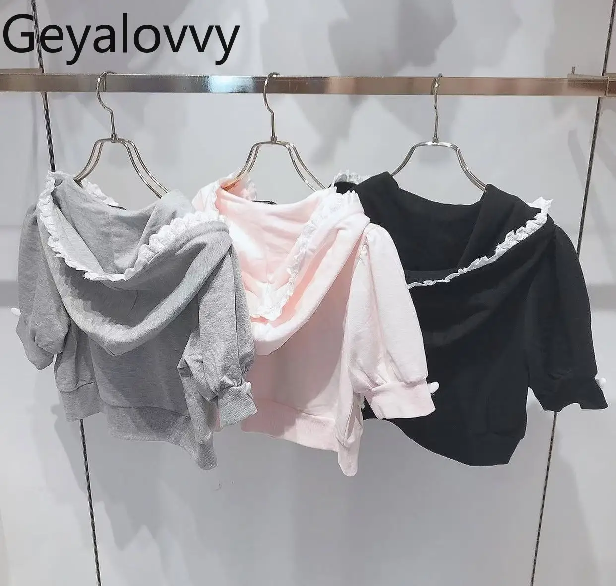 Estilo doce japonês com capuz renda guarnição manga curta moletom cardigan e cintura elástica bolo saia curta conjunto de duas peças