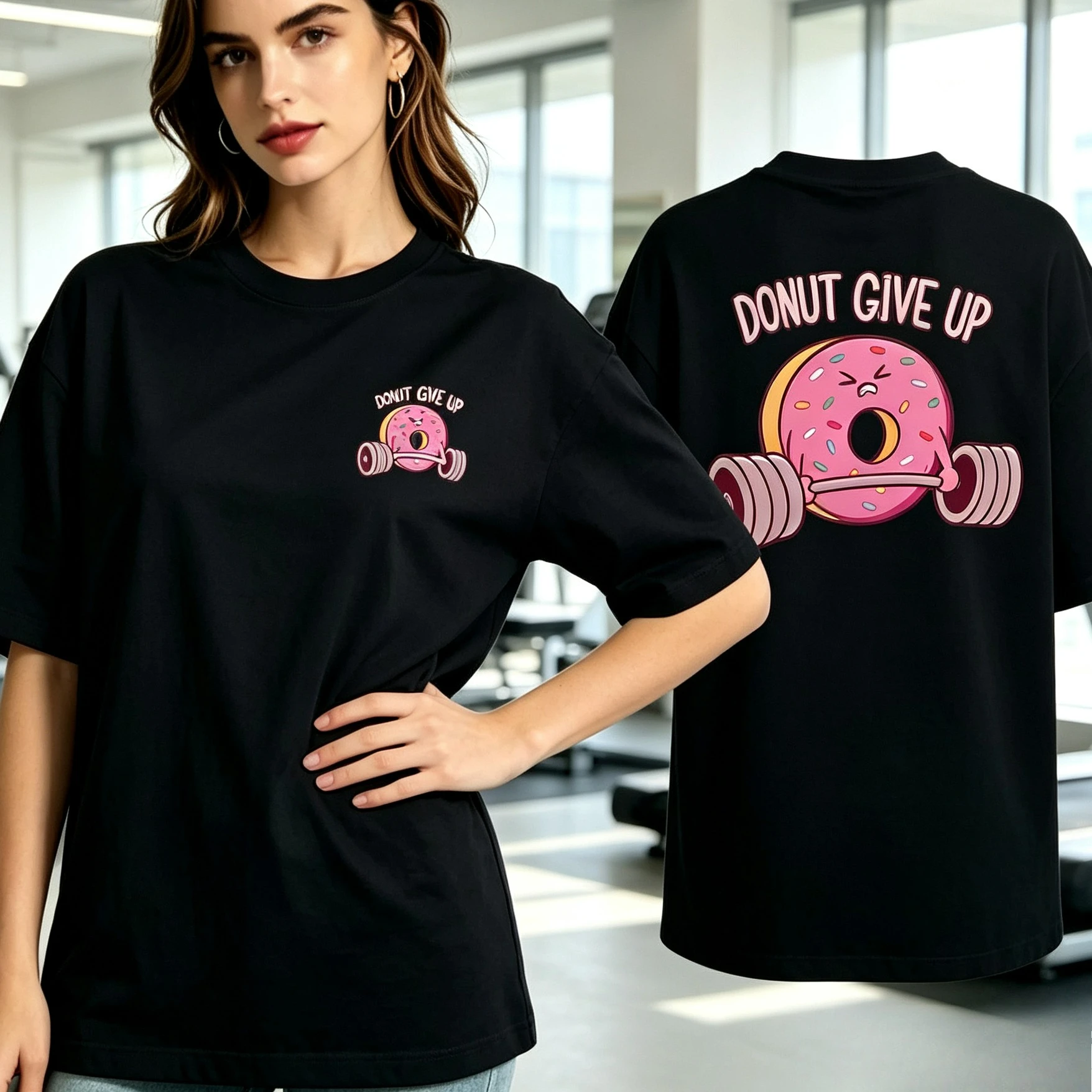Women Donut Give Up Print T-Shirt 100% Cotton Regular Fit Short Sleeve Tee Gym Workout Casual Funny Female Top