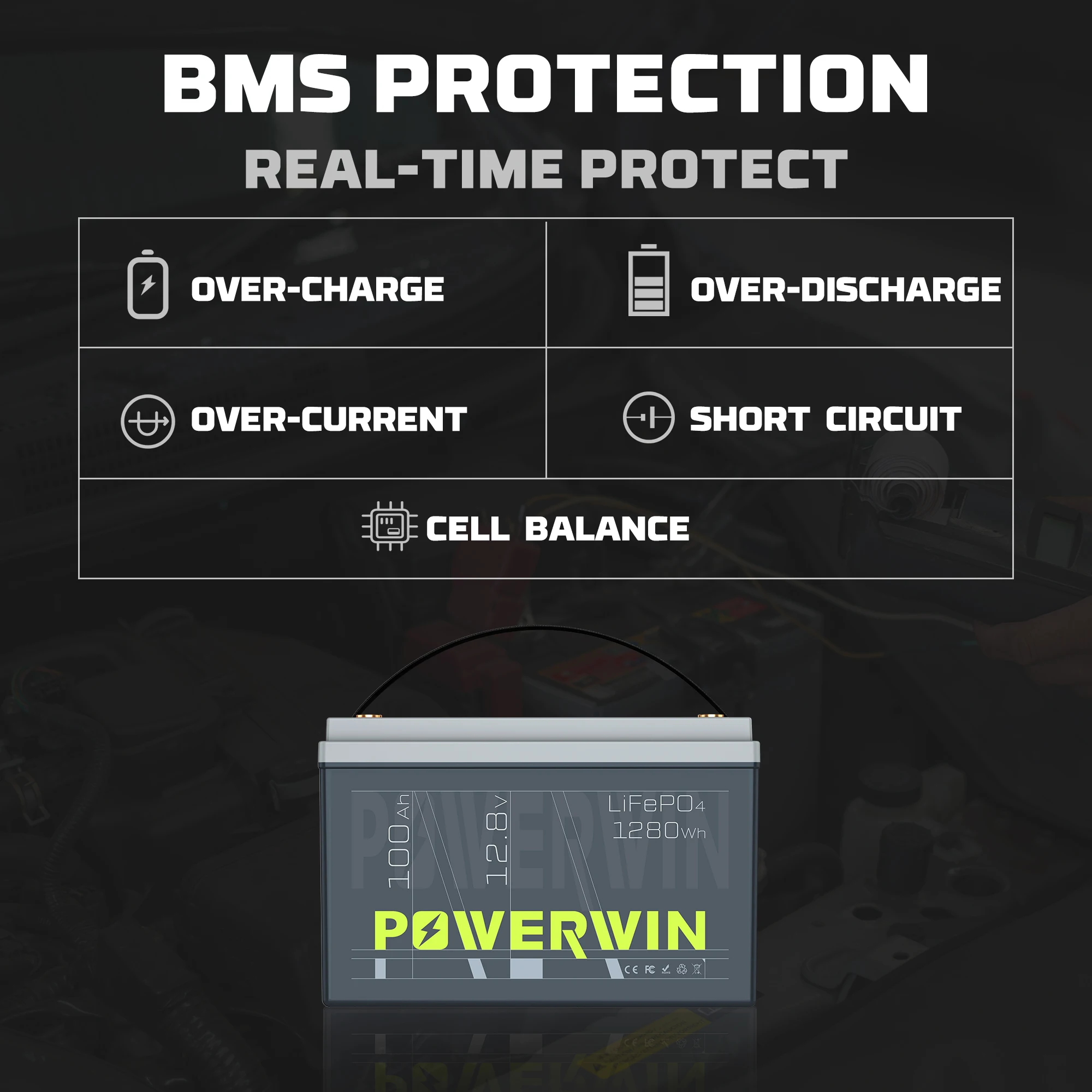 Imagem -06 - Powerwin Lifepo4 Bt100 12.8v 100ah 1280wh Embutido Bms Detector de Radar de Peixe Sistema Fora da Rede Energia Solar 4000 Mais Ciclo Profundo