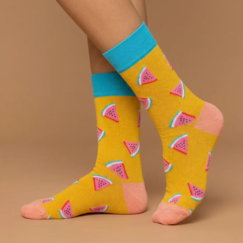 1 Pair, Unisex, Bright Yellow Base with Pink Watermelon Slice Pattern, Blue and Pink Color-Blocking Details, Polyester, Breathable, Fun, Mid-Calf Socks, Suitable for Everyday Wear