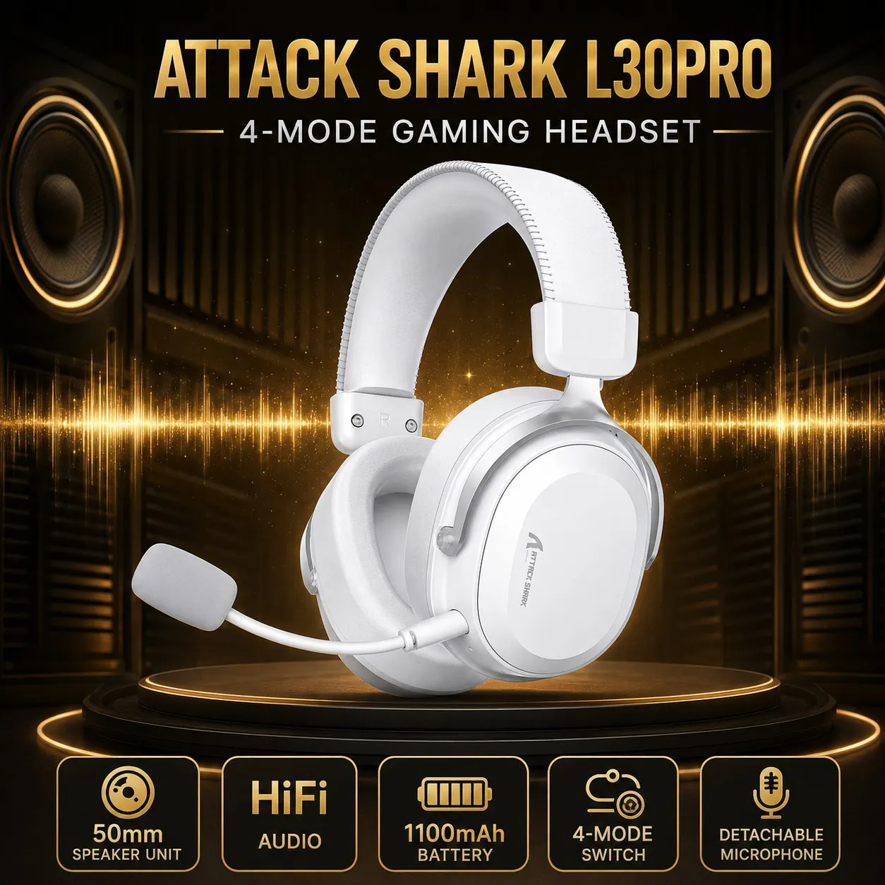 ATTACK SHARK L30Pro Gaming Headset, 2.4GHz Bluetooth 5.3 USB Sound Card and 3.5mm, 50mm Drivers, 1100mAh, Detachable Microphone