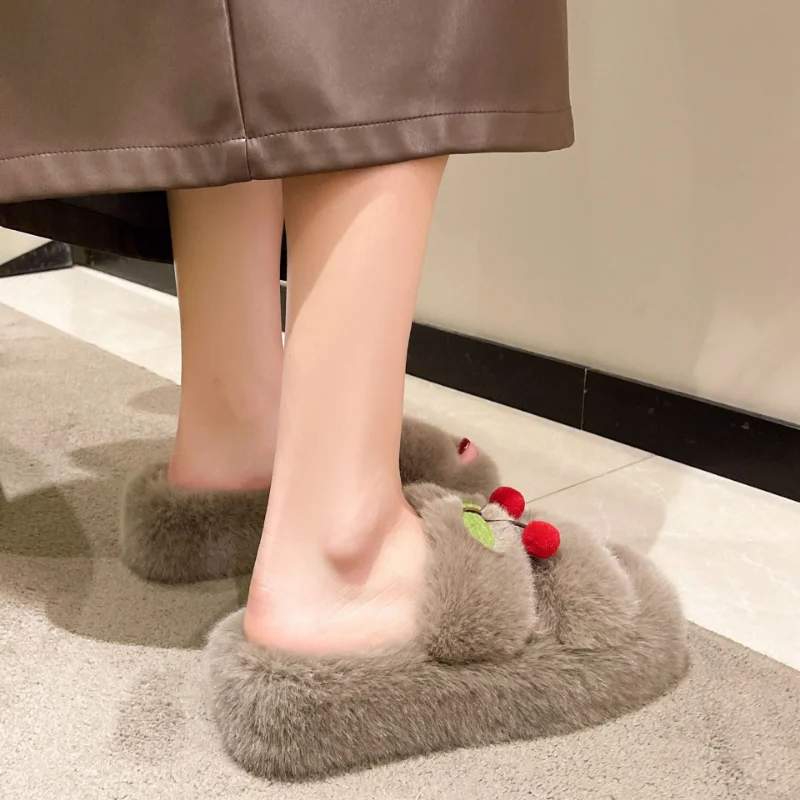 

Cherry Fur Slippers Women Winter Indoor Solid Color Pantuflas Pompom Open Toe Fur Slides Ladies Trendy Comfy House Shoes