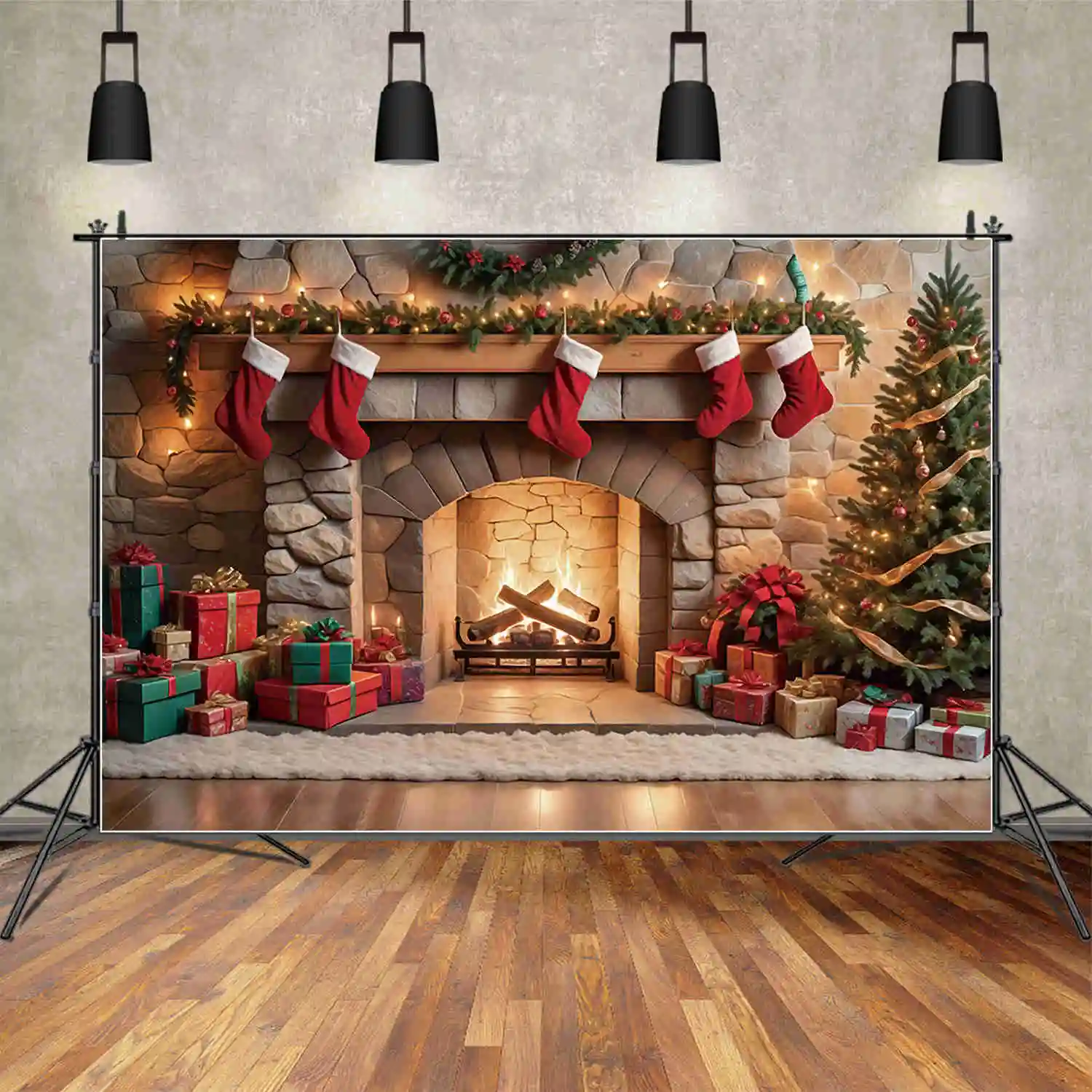 MOON.QG Christmas Fireplace 2025 Christmas Trees Backdrops Vintage Stove Frame Ornamented Tree Background Party Photocall Props