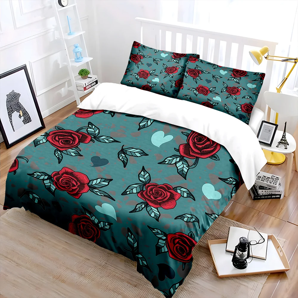 Red roses and blue heart background Print Soft Comfortable Duvet Cover Bedding Set Included 1*Duvet Cover  2*Pillowcases