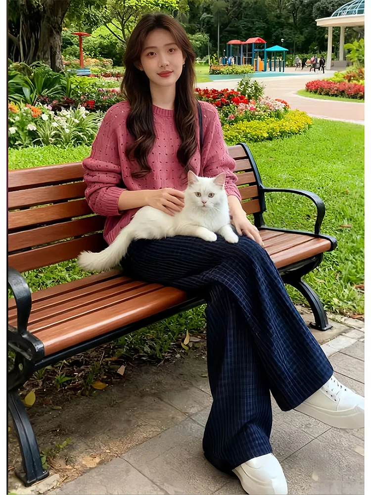 

Winter Casual Hollow out Knitwear round Ne Two-Piece Set Women's High Waist Plaid Pants Comfortable Breathable Faion Set