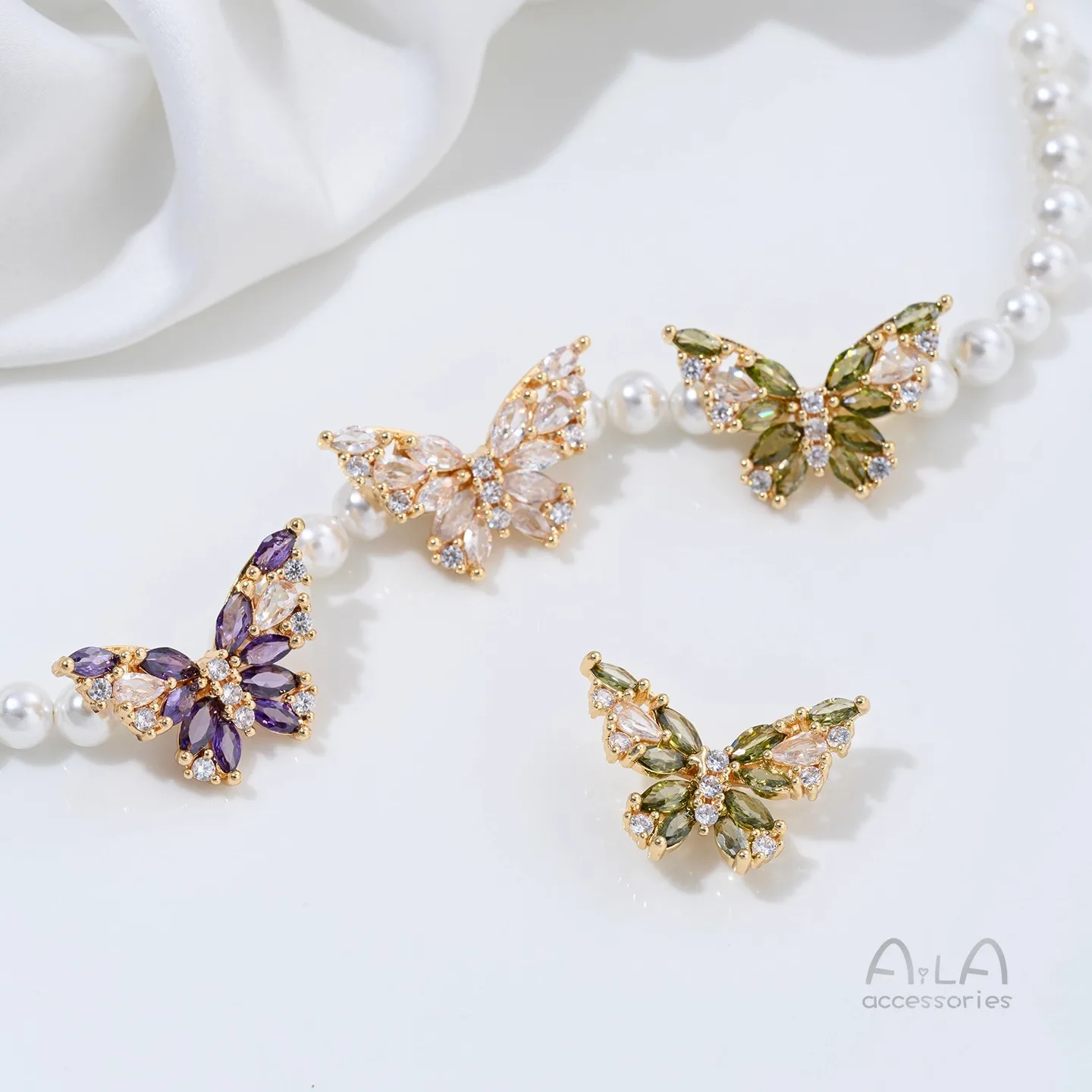 Z493 14K Gold Inlaid with Color Zirconium Butterfly Beads, Handcrafted Diy Crystal String Pearl Bracelet Accessory Material