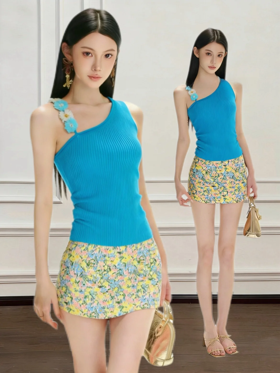 

Комплект из двух предметов: топ с открытыми плечами и бретелями цвета «Дофаминовый синий» и юбка миди А-силуэта с принтом «Маргаритки». Элегантный летний модный образ для женщин.