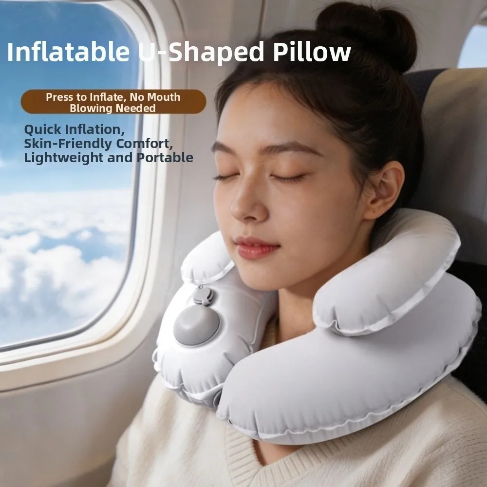 Portable Inflatable Pillow Double Layer Soft Flocking Cervical Support Cushion Press Type Comfortable U Shaped Neck Pad