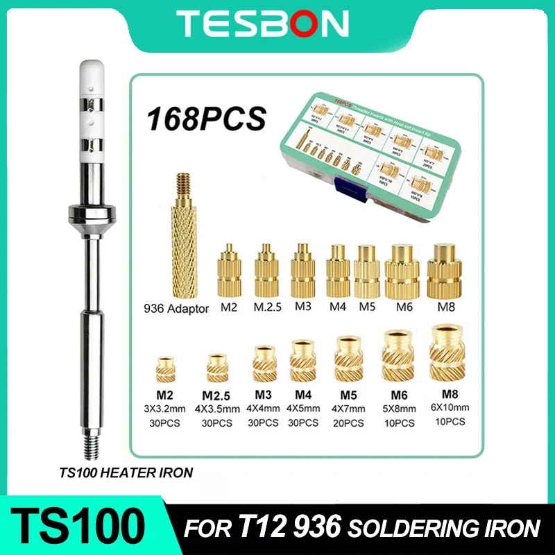 168PCS Heat Insert Nut Kit 3D Threaded Hole Implanted Hot Melt Brass Nut Pressure M2-M8 Tip Kit for TS101/Pinecil Soldering Iron