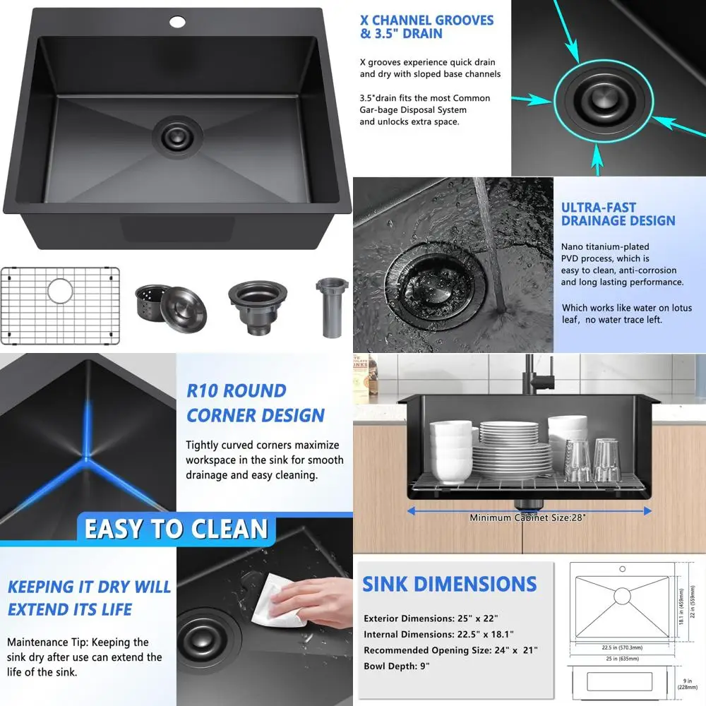 

Stainless Steel Kitchen Sink, 25x22 Inch, Gunmetal Black, Single Bowl, Deep Basin, Top Mount, 18 Gauge, Durable Design