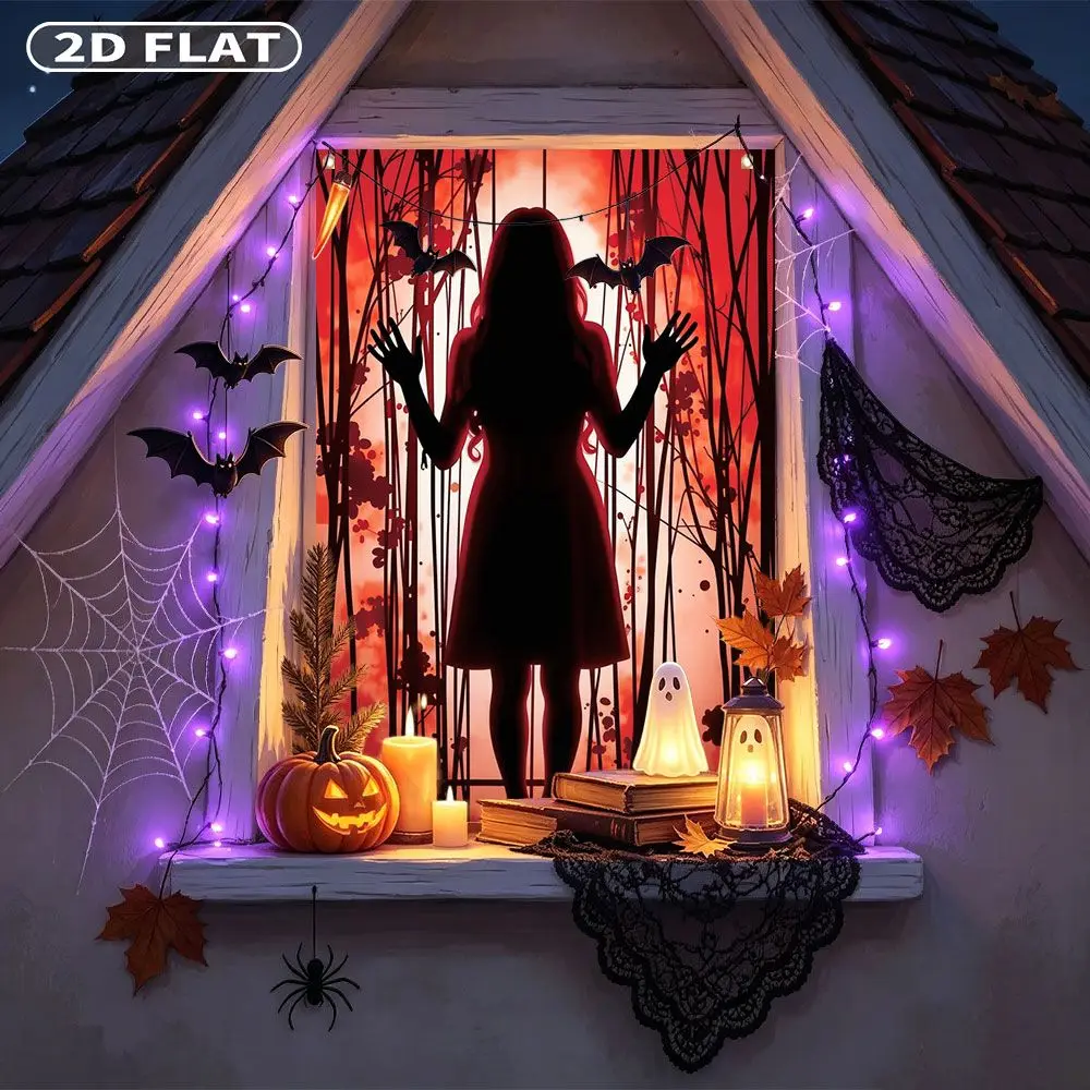 2D FLAT 1pc Party Window Cover Banner, with Silhouette Of Woman In Red Forest Background,