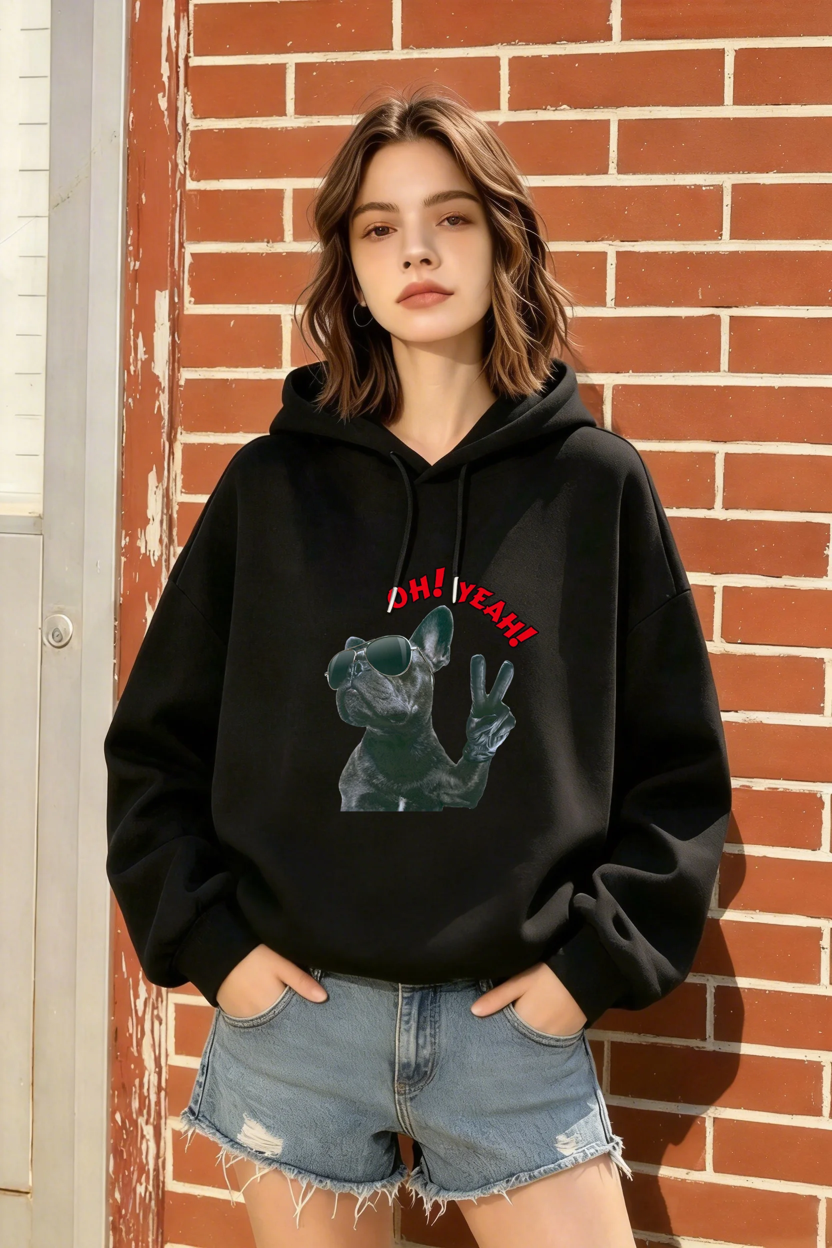 

Women's Autumn Winter Black Ins Style Loose Hoodie, Cool Sunglasses Bulldog Pattern, Fashionable and Versatile