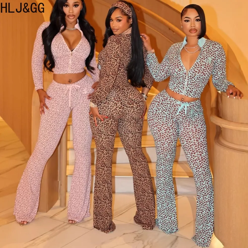 

HLJ&GG Fashion Leopard Print Two Piece Sets Women Zip Long Sleeve Slim Crop Top + Skinny Lace Up Pants Outfits Casual Streetwear