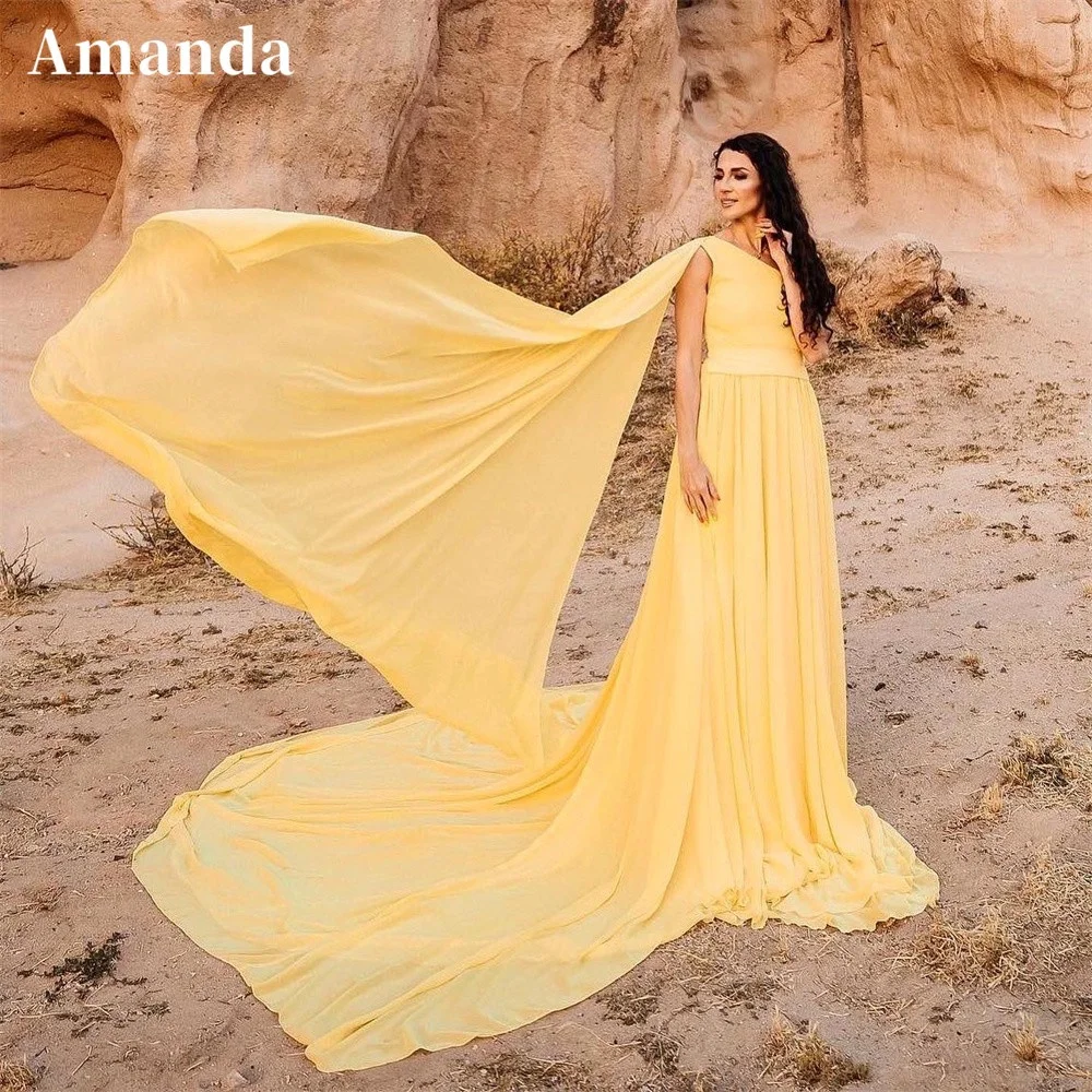 

Amanda Elegantly Sweep Tail فساتين سهره فاخره2023 Chiffon Slim A-line Prom Dresses Sexy Sloping Shoulders Vestidos De Noche