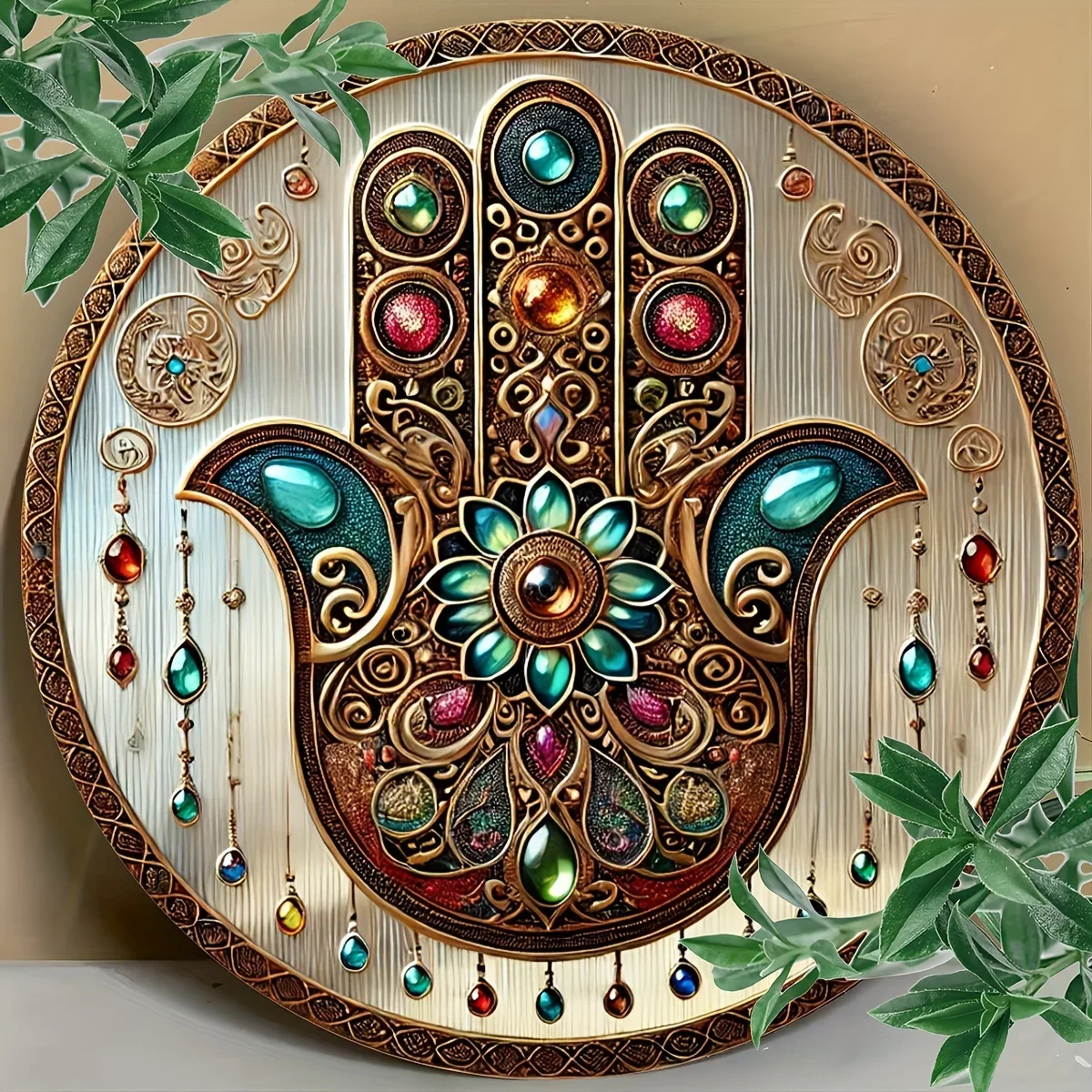Handcrafted Aluminum Plate Inlaid with Bohemian Religious Gems, Multifunctional Circular Decoration, Perfect for Home, Garden, Porch, and Living Room Wall Art