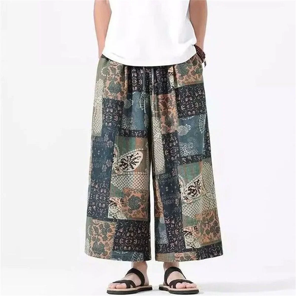 Sommerliche Herrenhose mit lockerem, geradem Bein, Patchwork-Design, weites Bein, Retro-Chinesischer Stil, lässige, lockere Passform, Herrenmode – Detail 2
